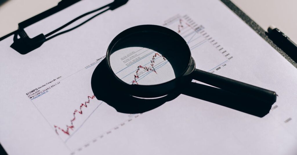 Detailed close-up of financial documents with graphs and magnifying glass on a clipboard.